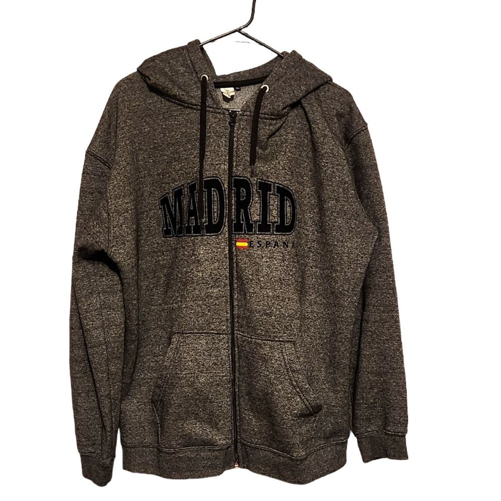 Sweatshirt Jacket Hooded Zip Front Pockets Gray Black w/ MADRID ESPANA Mens XL